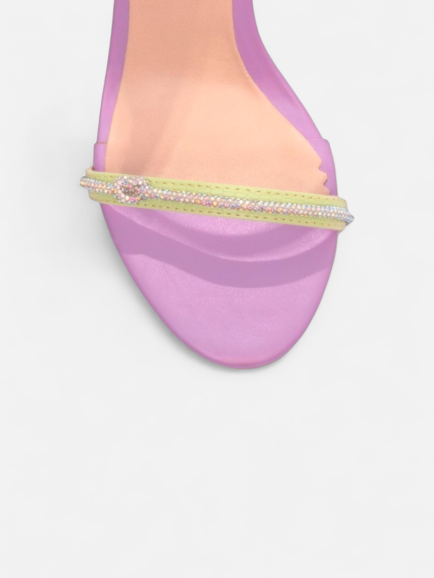 Sandália Salto Alto Colorida Croco com Cordão de Strass e Fivela Prata