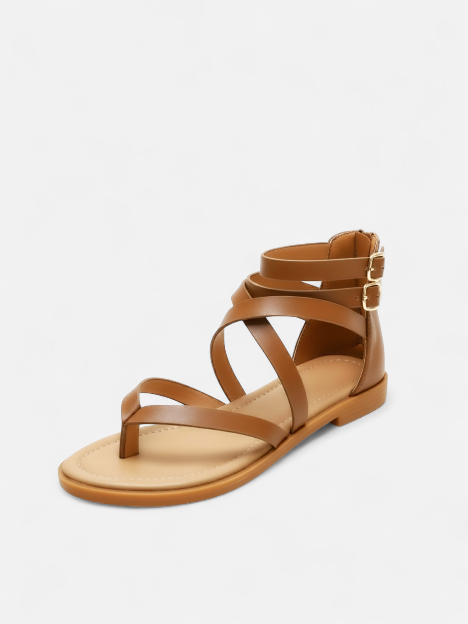 Sandália Rasteira Gladiadora Tiras Cruzadas Fivela Dupla Zíper