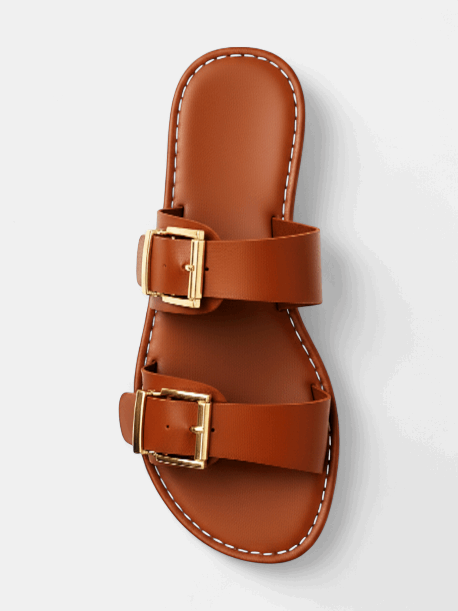 Sandália Rasteira Tiras Largas Fivelas Dupla Dourada