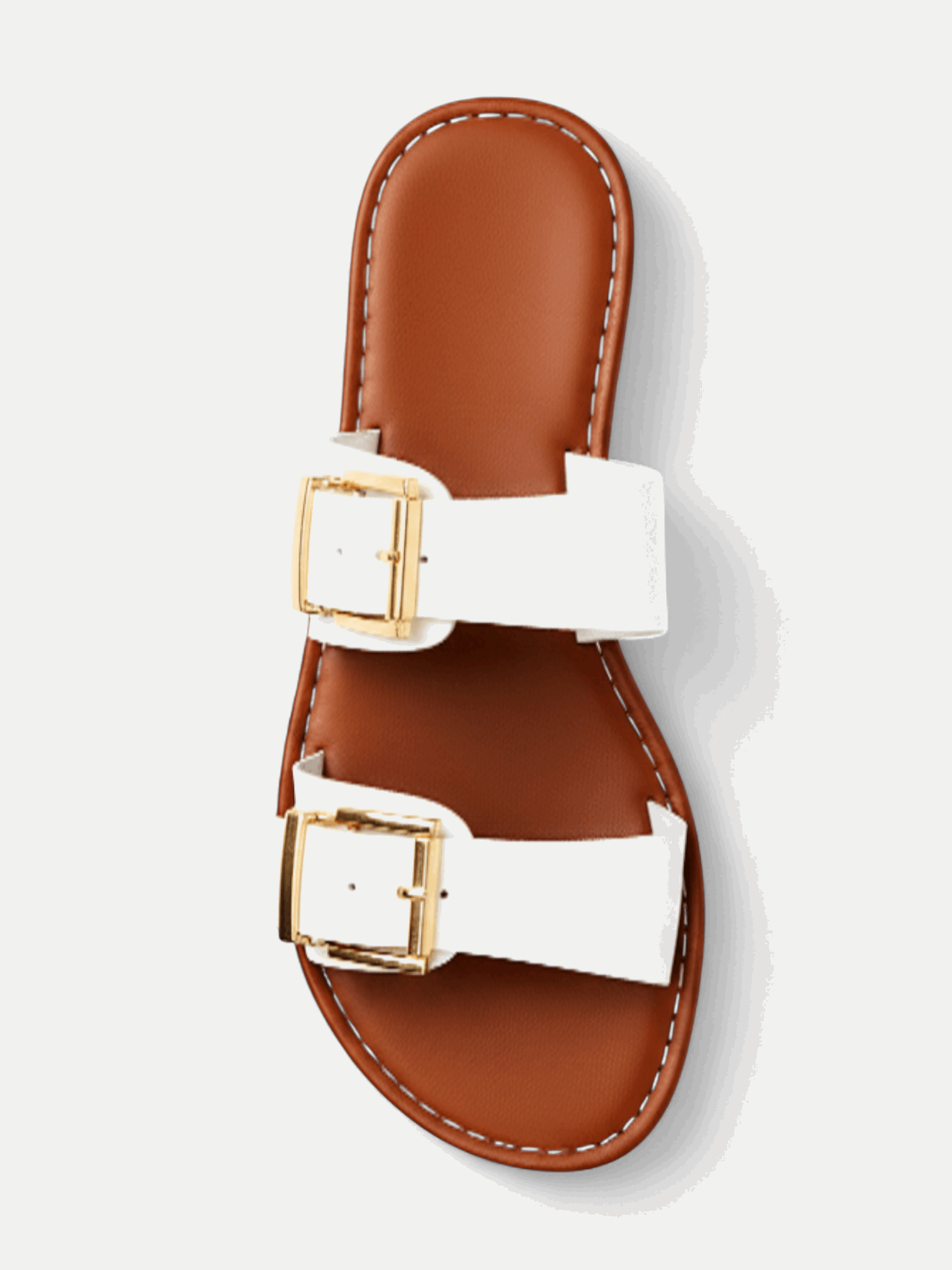 Sandália Rasteira Tiras Largas Fivelas Dupla Dourada