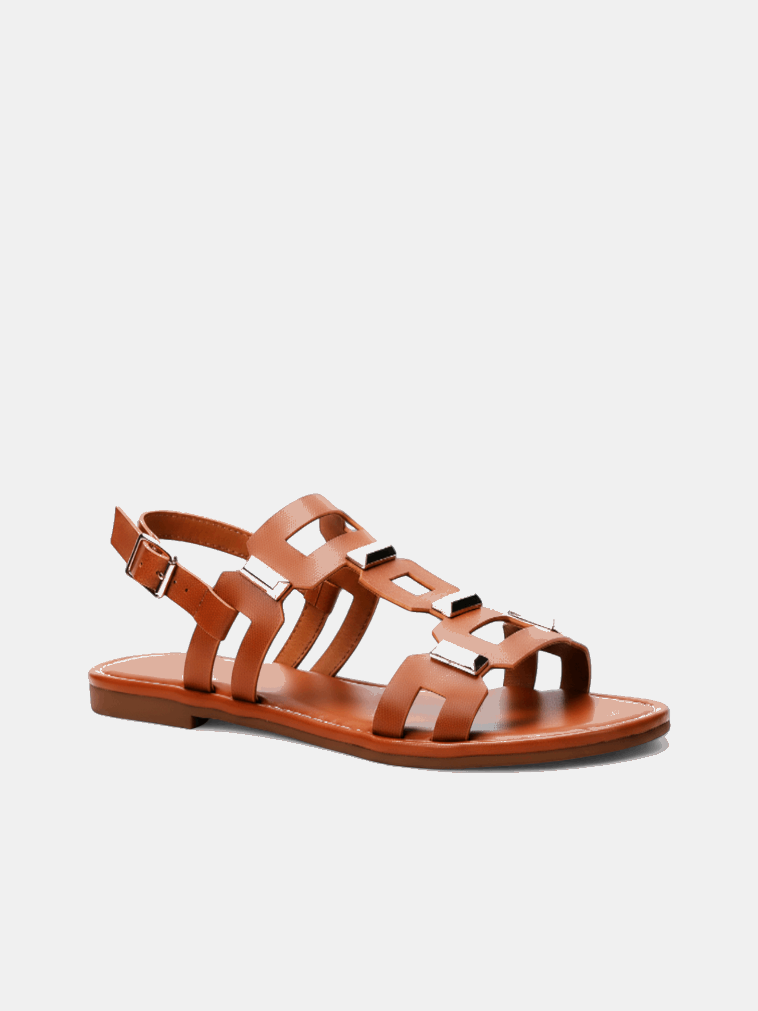 Sandália Rasteira Romana Tiras Apliques metálicos Geométricos