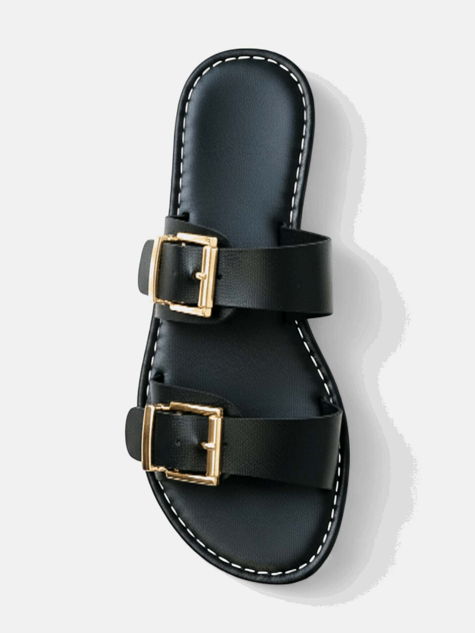 Sandália Rasteira Tiras Largas Fivelas Dupla Dourada