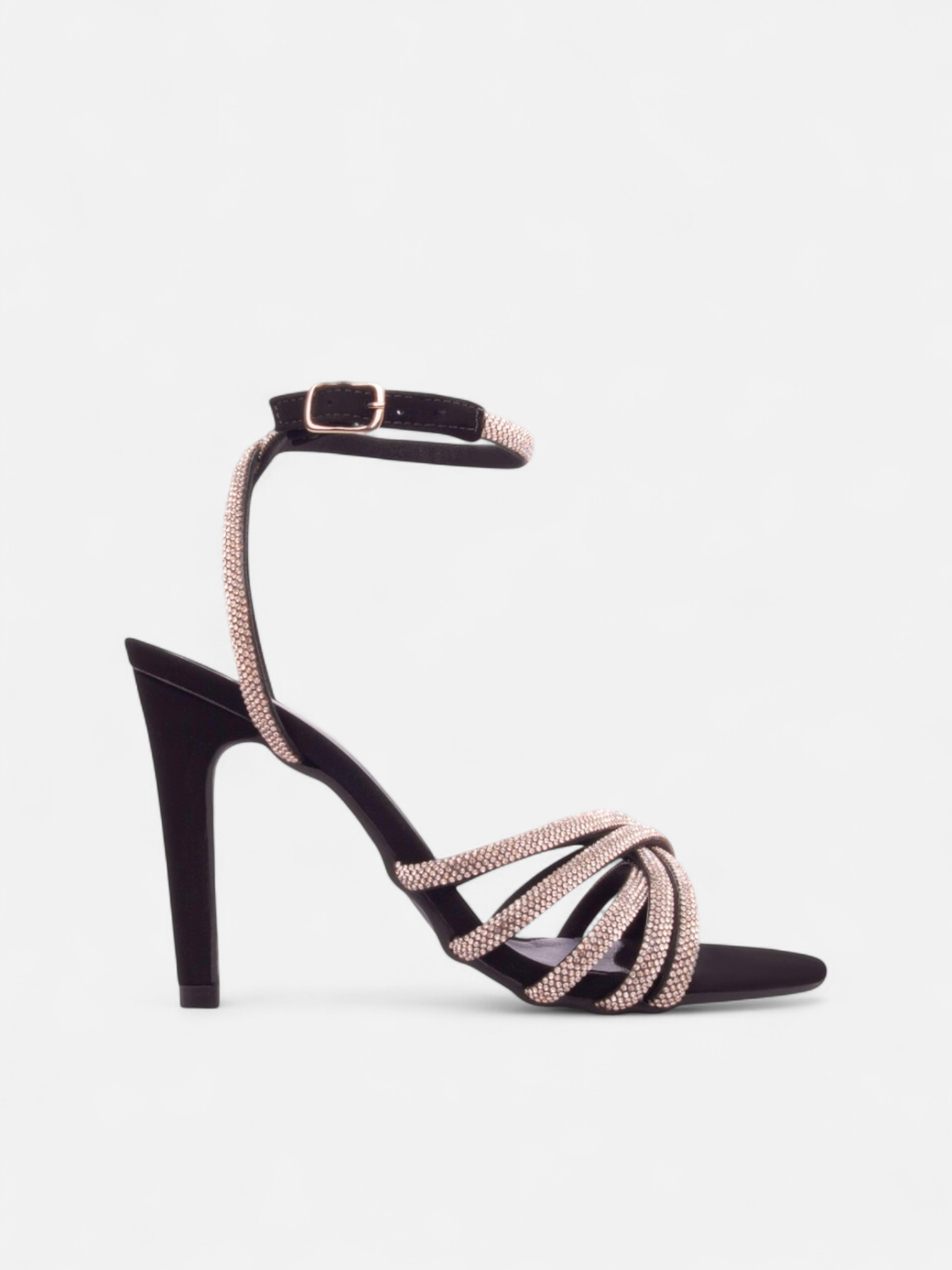 Sandália Salto Alto Nobuck Preto com Strass Prata e Fivela Ajustável