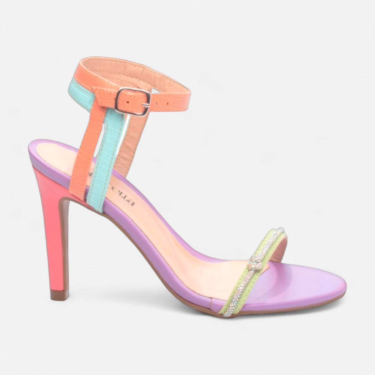 Sandália Salto Alto Colorida Croco com Cordão de Strass e Fivela Prata