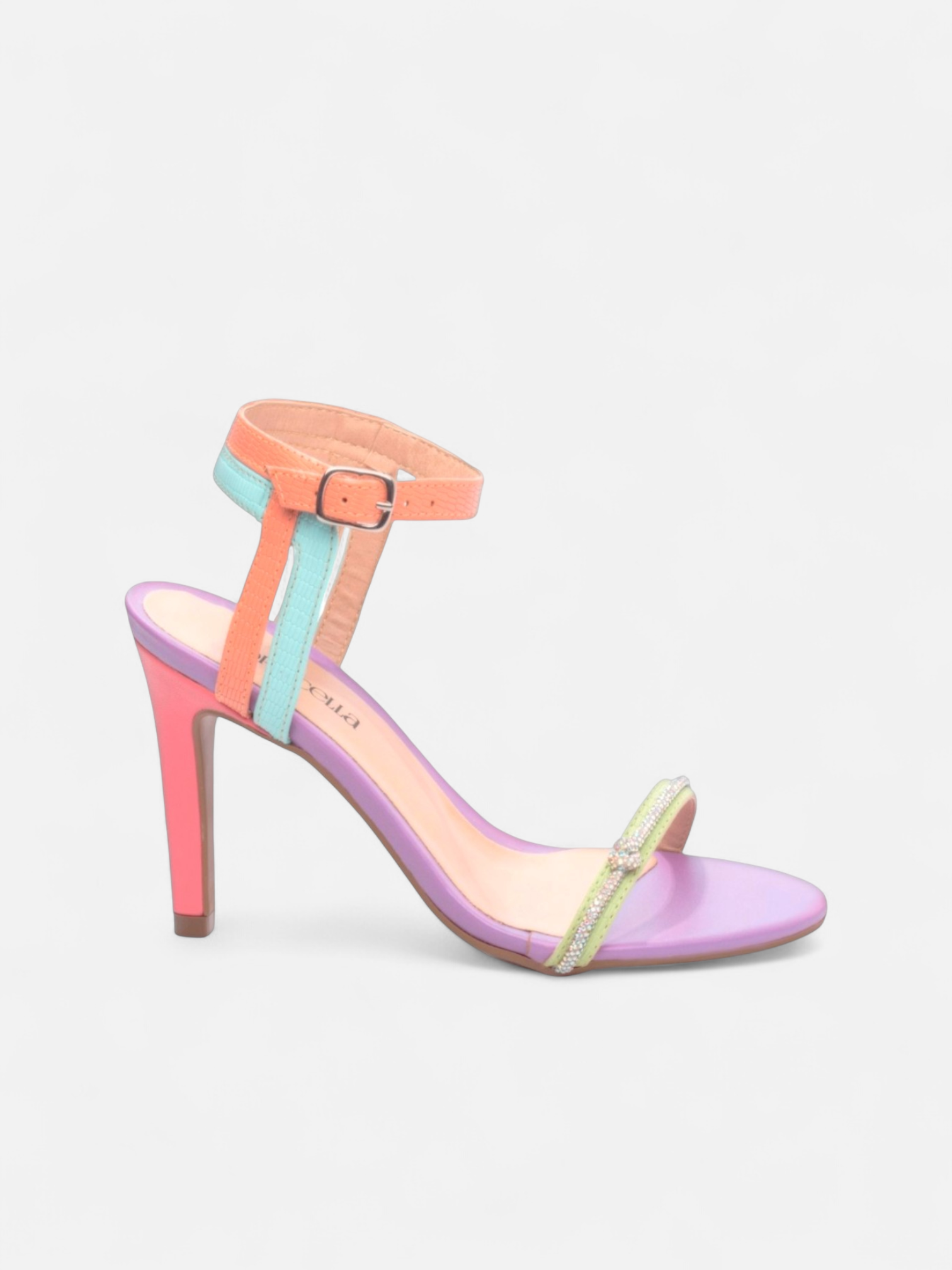 Sandália Salto Alto Colorida Croco com Cordão de Strass e Fivela Prata