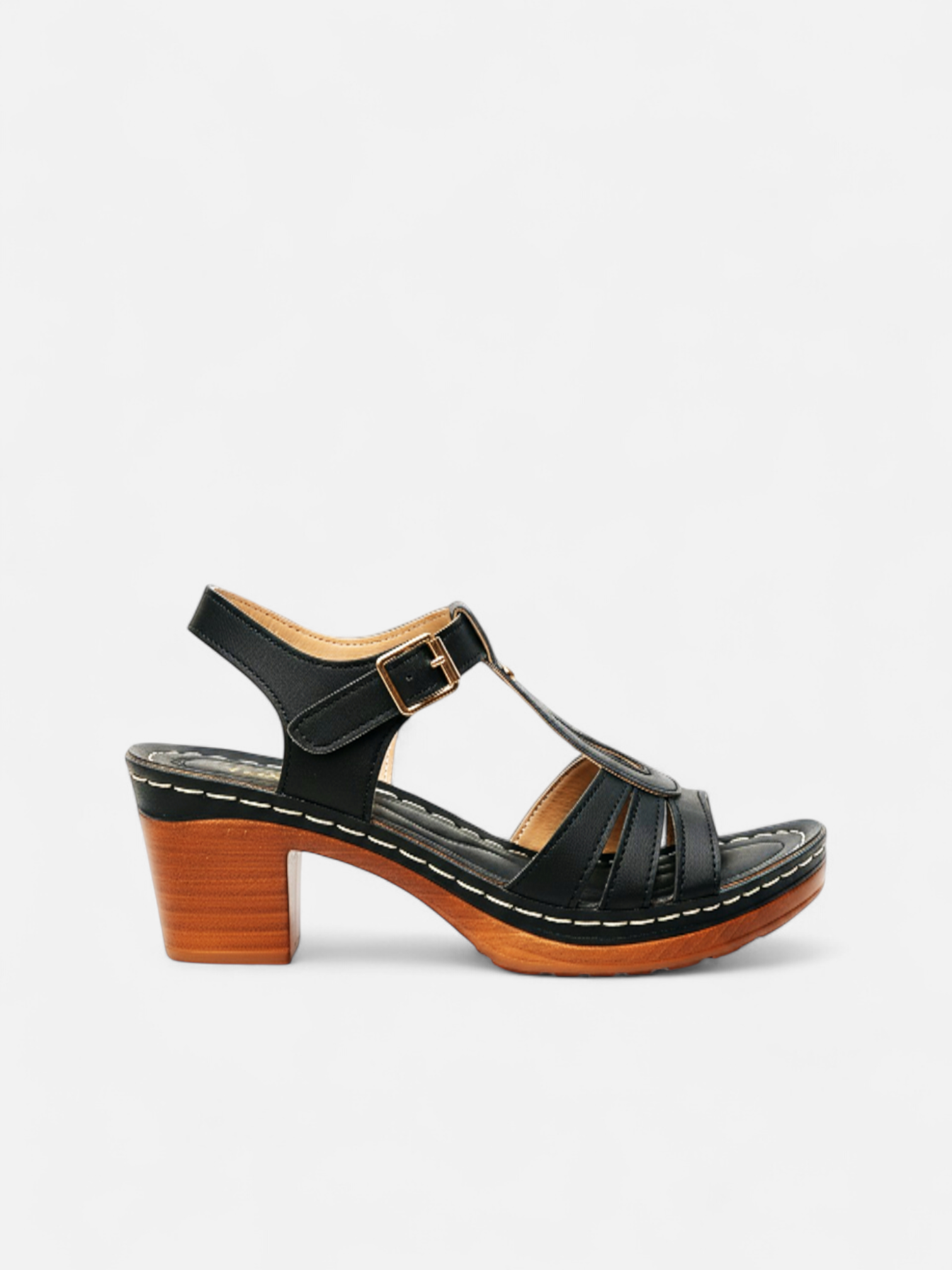 Sandália Salto Bloco T-Strap Fivela Couro