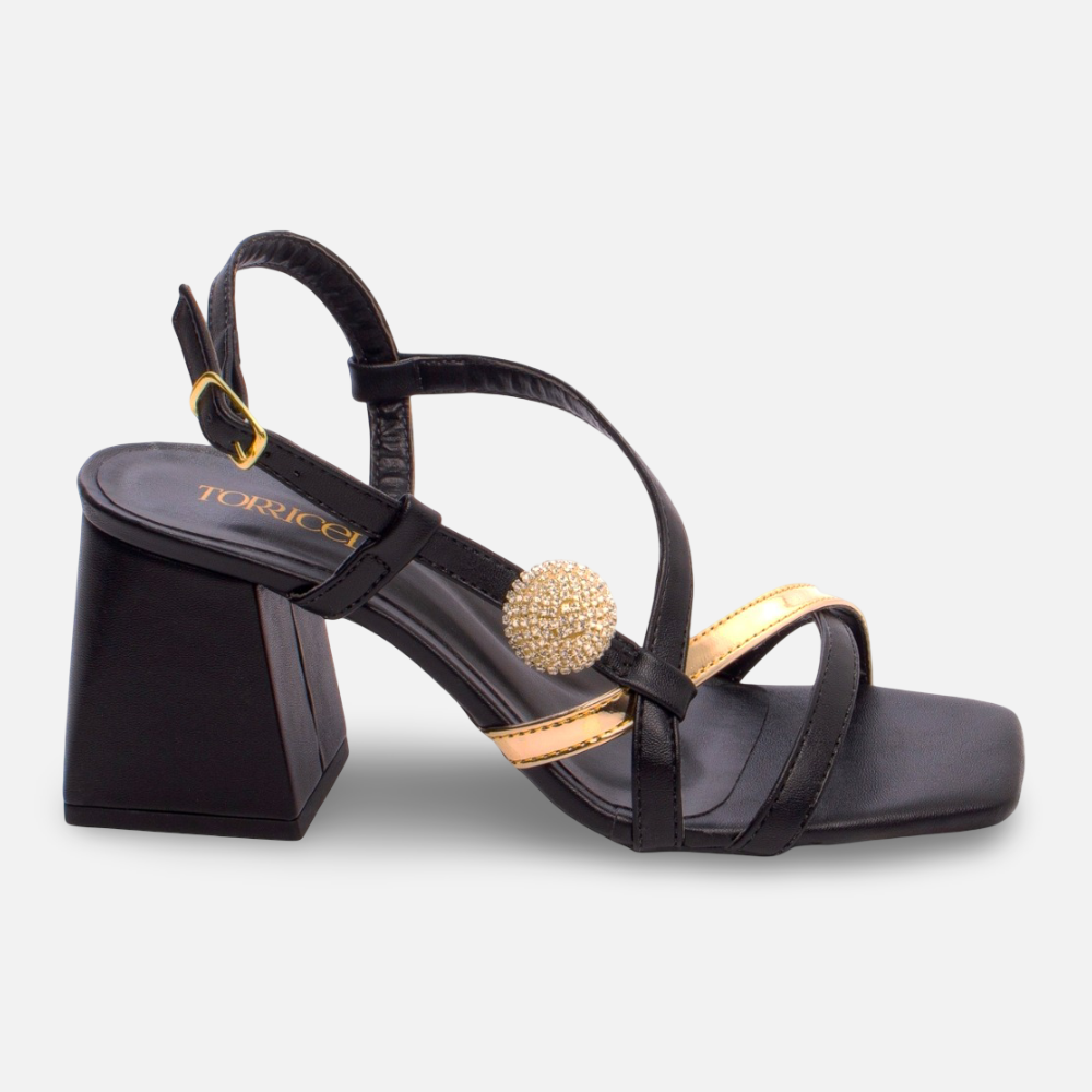 Sandália Napa Preto com Strass Cristal e Salto Grosso