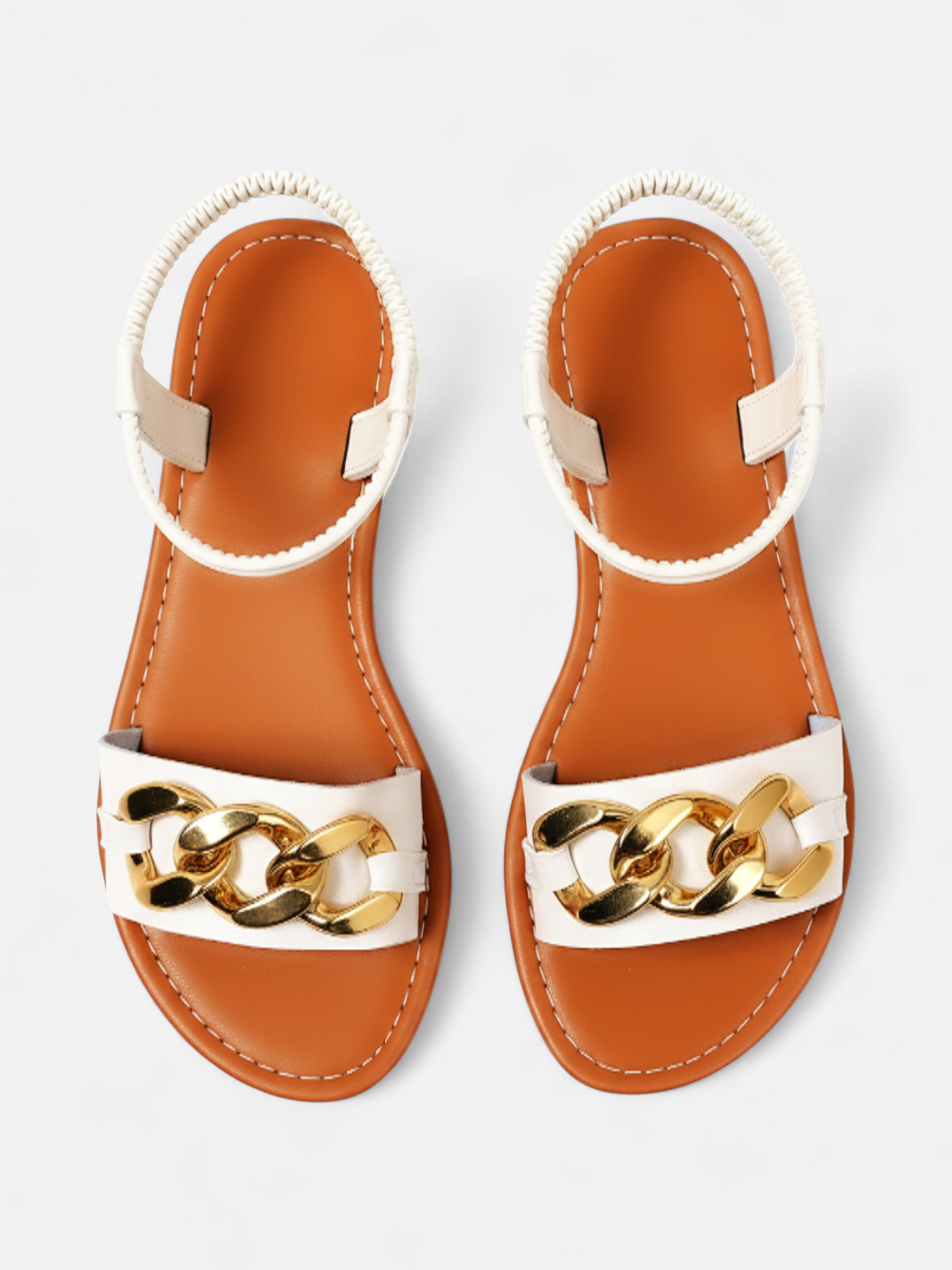 Sandália Rasteira Tiras Corrente Dourada Branca