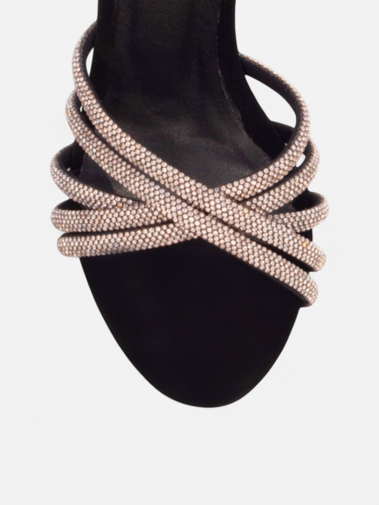 Sandália Salto Alto Nobuck Preto com Strass Prata e Fivela Ajustável