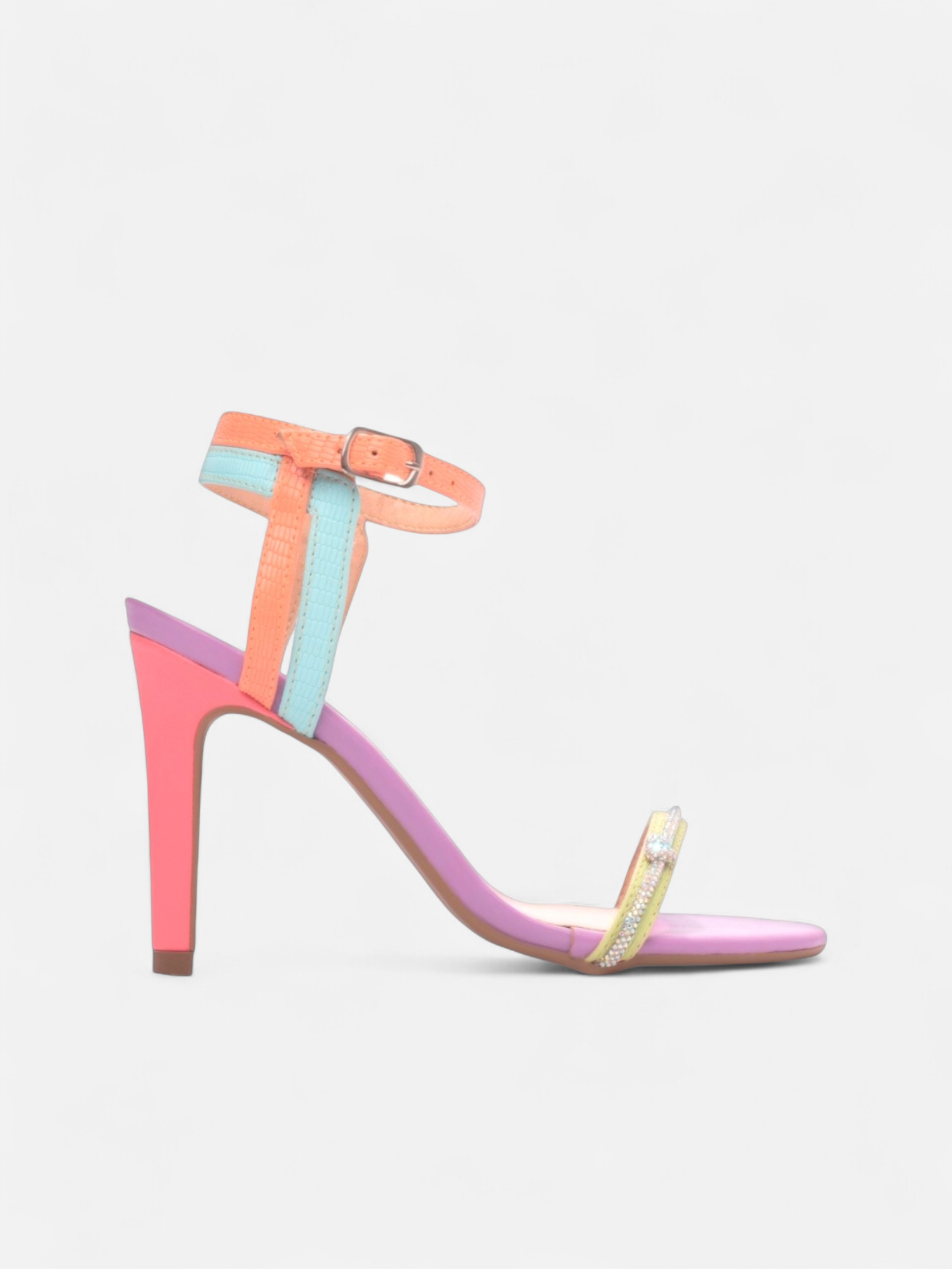 Sandália Salto Alto Colorida Croco com Cordão de Strass e Fivela Prata