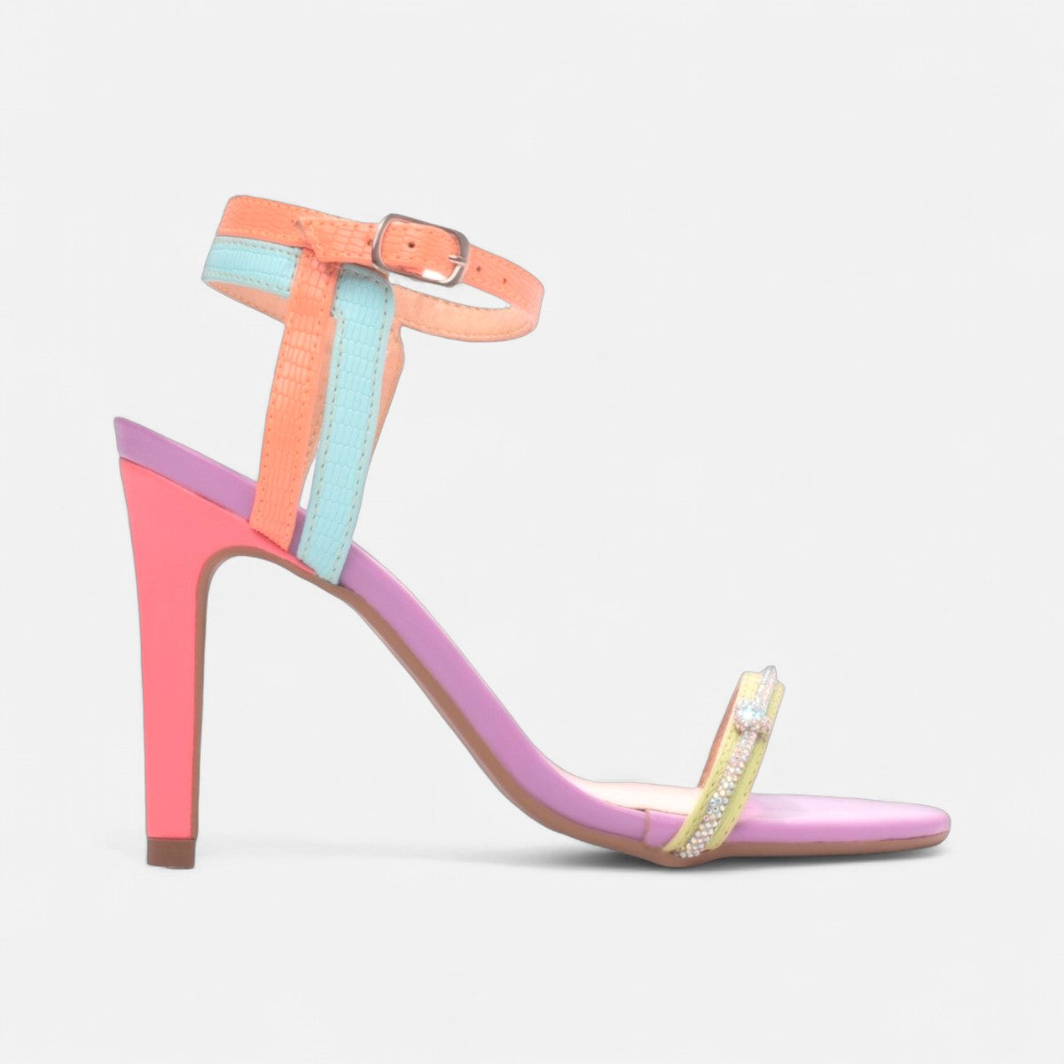 Sandália Salto Alto Colorida Croco com Cordão de Strass e Fivela Prata