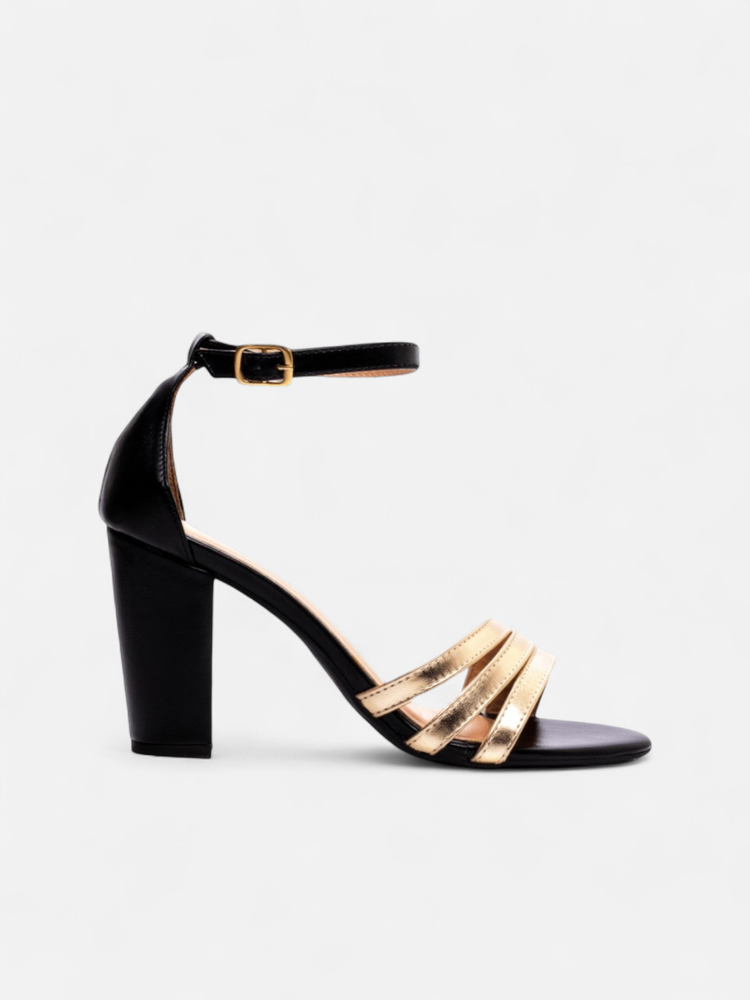 Sandália Salto Grosso Bloco Metalizado com Fivela Multicolorida Ajustável