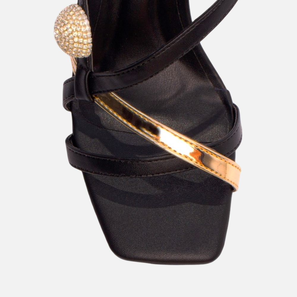 Sandália Napa Preto com Strass Cristal e Salto Grosso