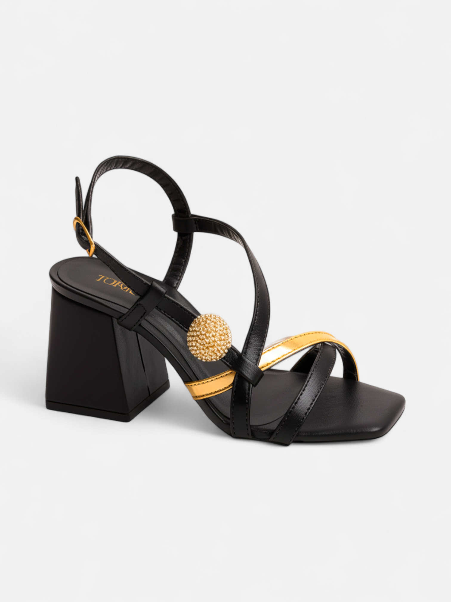 Sandália Napa Preto com Strass Cristal e Salto Grosso