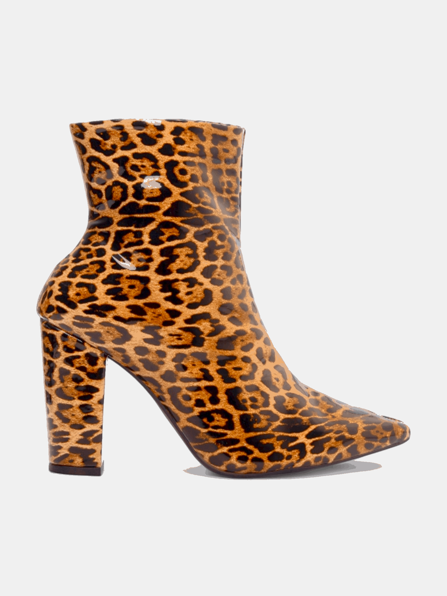 Bota Cano Curto Salto Grosso Bico Fino com Verniz Onça