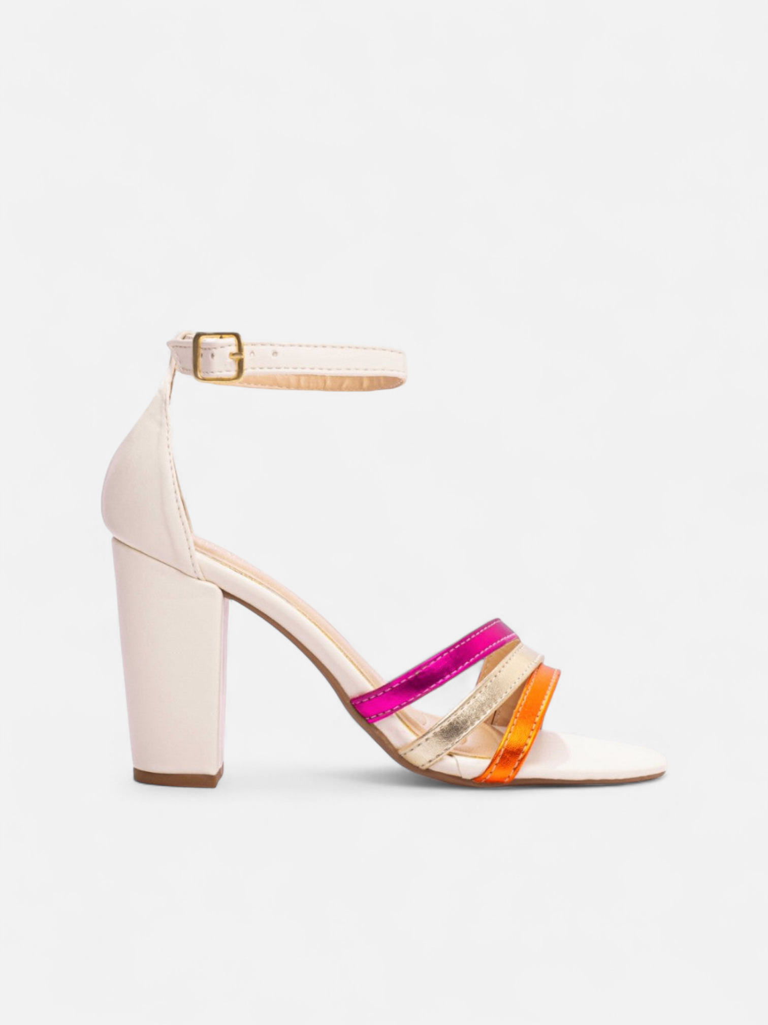 Sandália Salto Grosso Bloco Metalizado com Fivela Multicolorida Ajustável