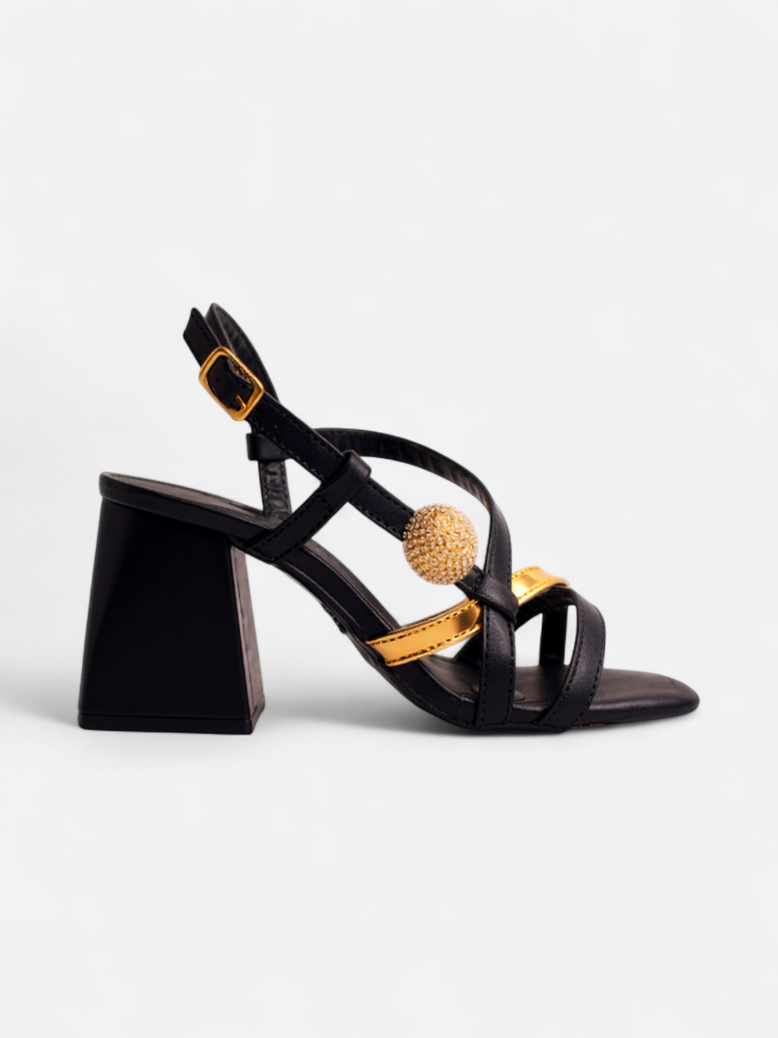 Sandália Napa Preto com Strass Cristal e Salto Grosso