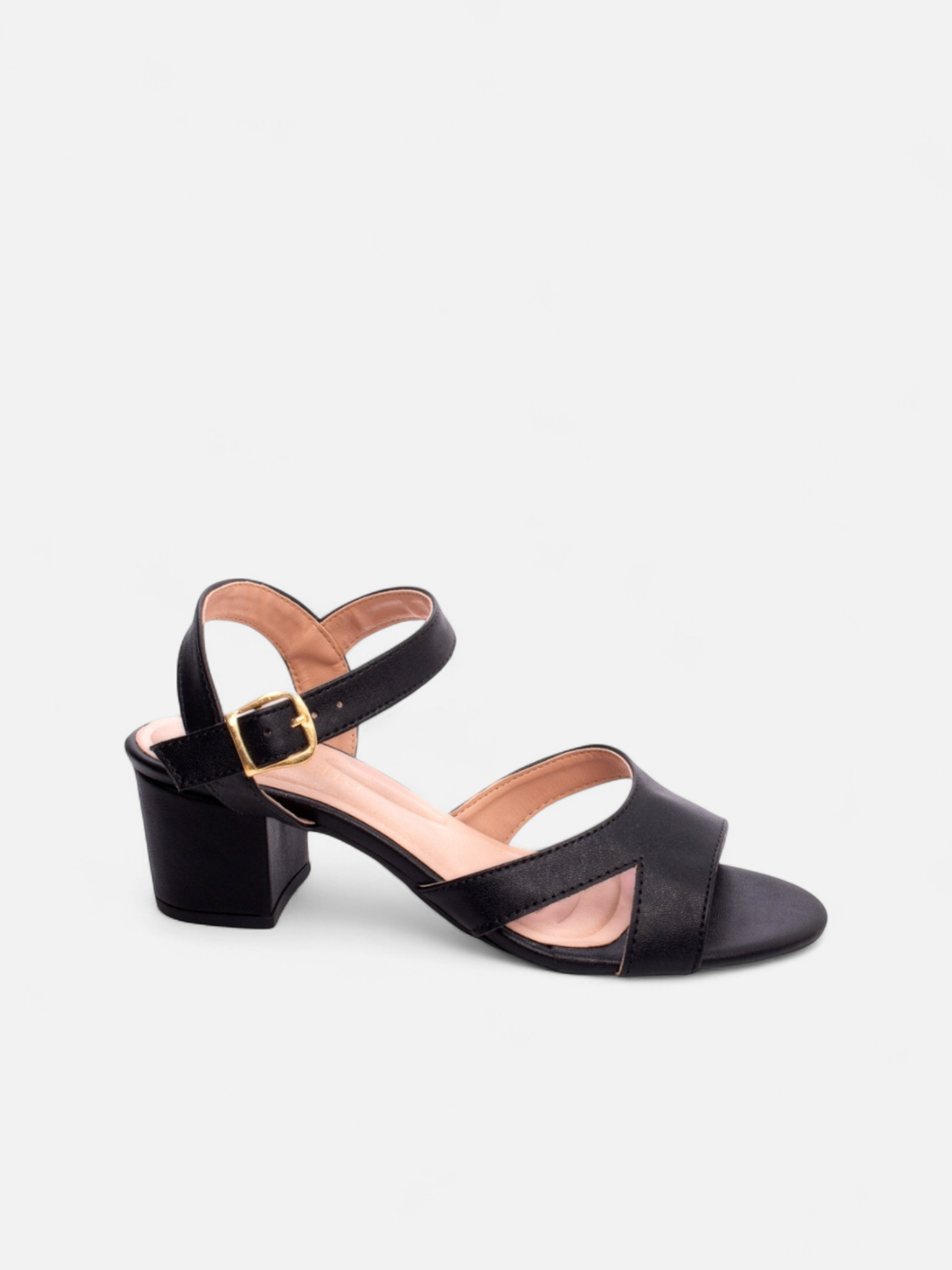 Sandália Salto Grosso Bloco com Fivela Dourada Tiras Cruzadas