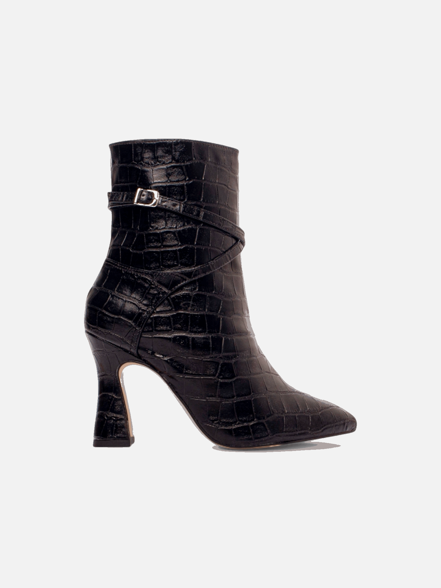 Bota Salto Grosso Cano Médio Bico Fino Croco Com Fivela