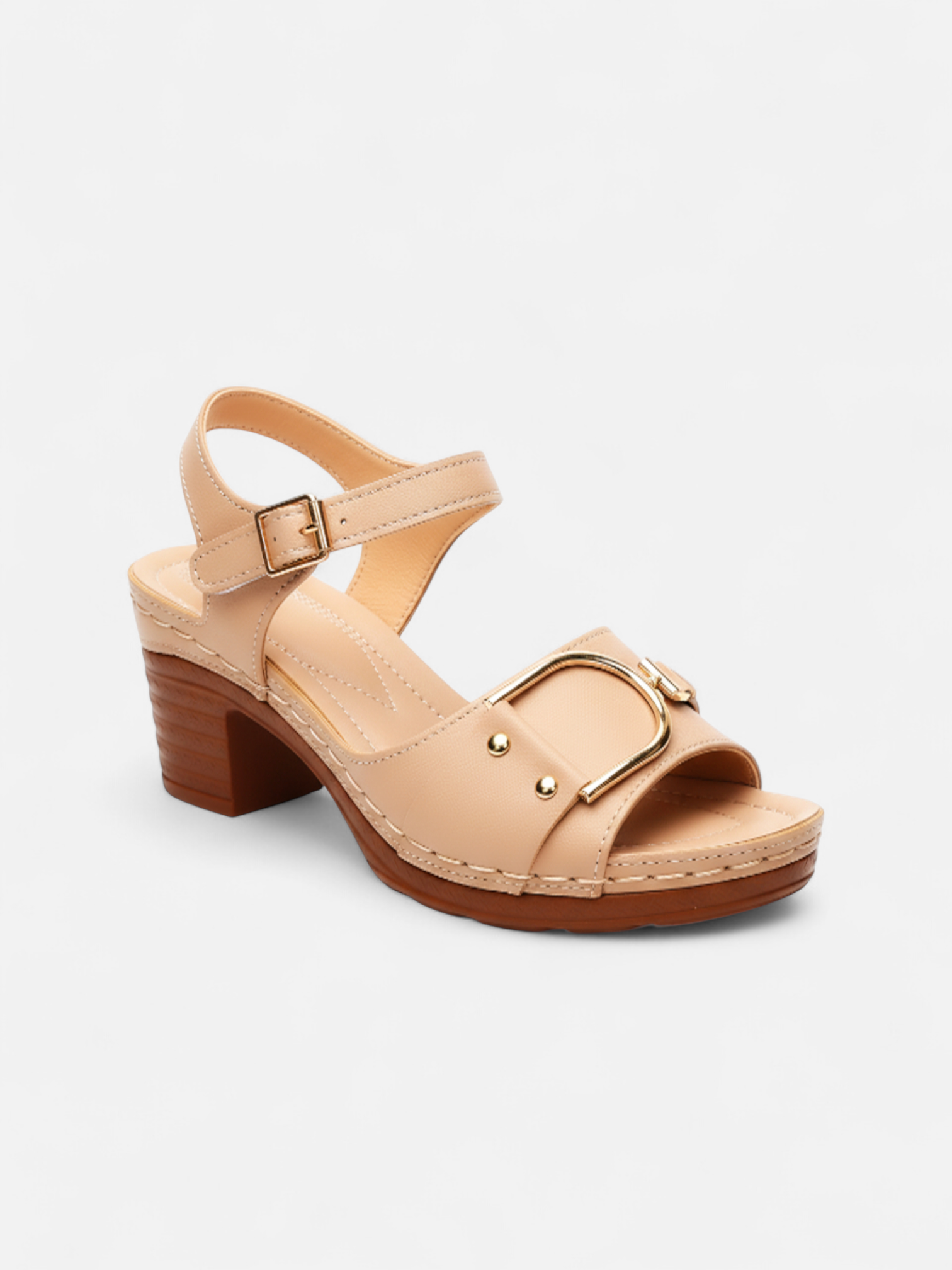 Sandália Salto Bloco Fivela Larga Pesponto Metal