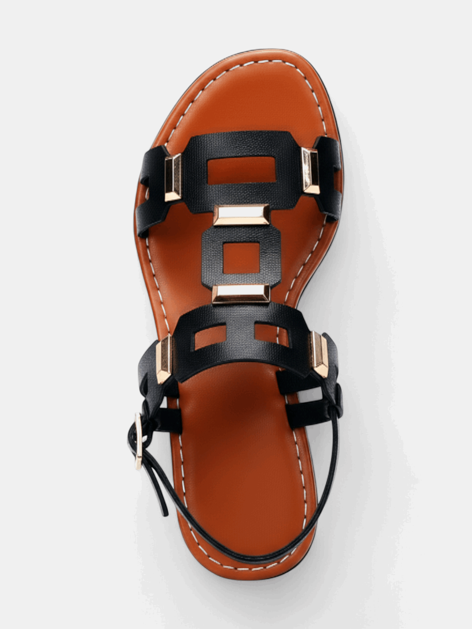 Sandália Rasteira Romana Tiras Apliques metálicos Geométricos