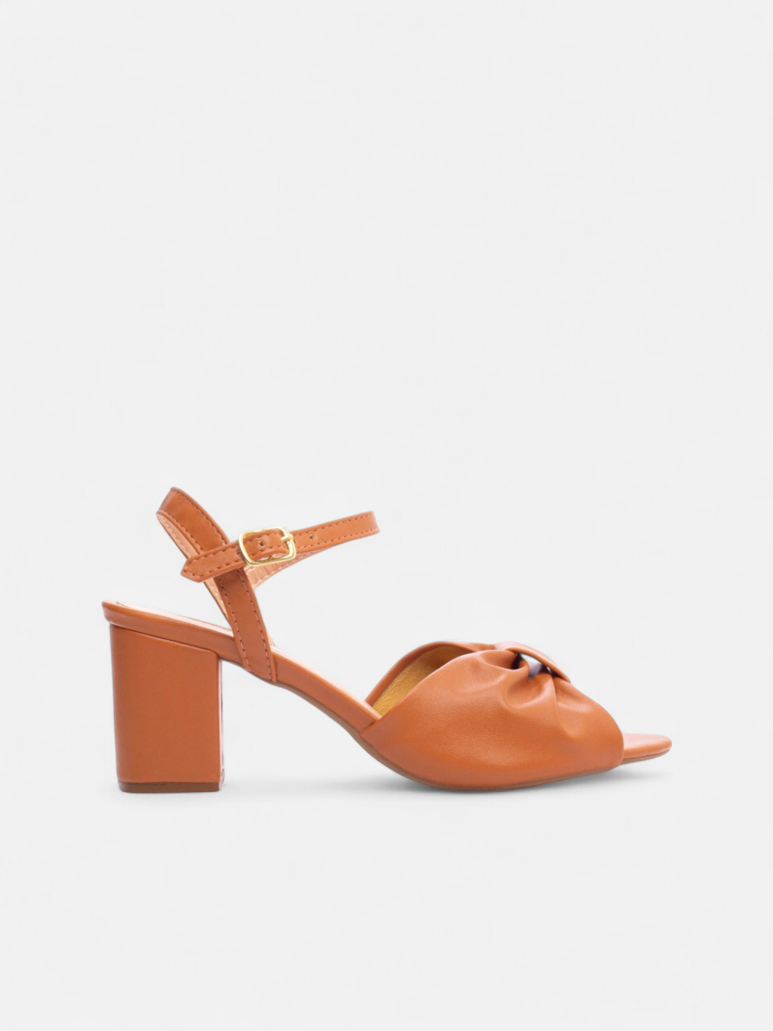 Sandália Salto Grosso Bloco com Tiras Cruzadas Laço Fivela e Dourada