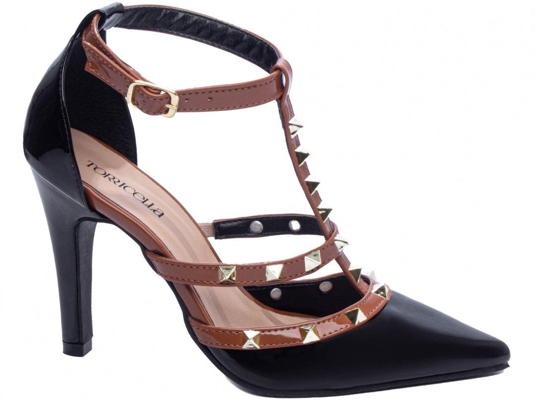 Scarpin Verniz Preto e Marrom com Fivela Pirâmide - #carminito#