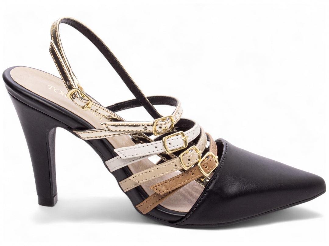 Scarpin Napa Preto Caramelo Metalizado com Fivelas Ouro Light - #carminito#