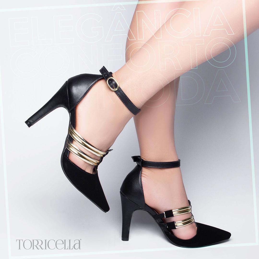 Scarpin Napa Preto com Detalhes Metalizado Ouro Light - #carminito#