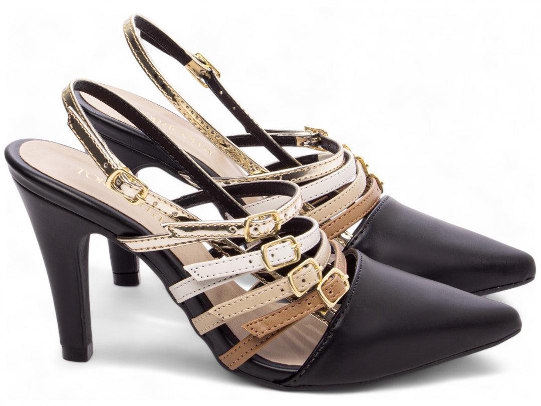 Scarpin Napa Preto Caramelo Metalizado com Fivelas Ouro Light - #carminito#