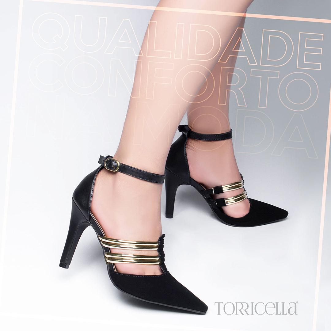 Scarpin Napa Preto com Detalhes Metalizado Ouro Light - #carminito#