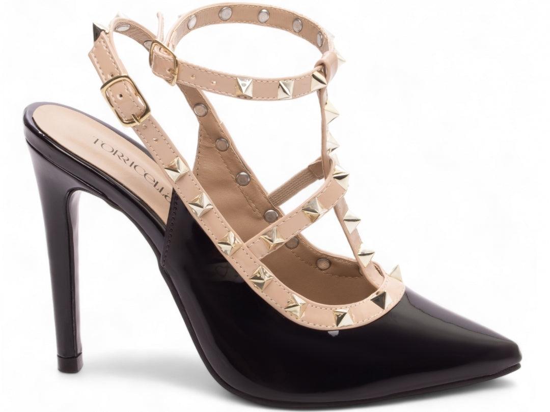 Scarpin Verniz Preto e Bege com Apliques Dourados - #carminito#
