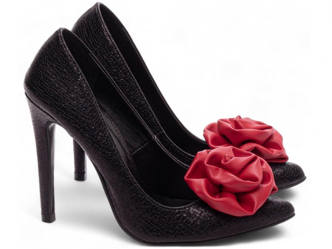 Scarpin Napa Preto com Flor Vermelha - #carminito#