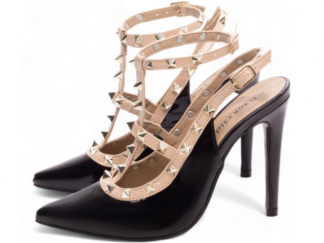 Scarpin Verniz Preto e Bege com Apliques Dourados - #carminito#