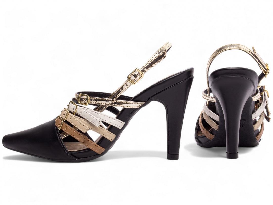 Scarpin Napa Preto Caramelo Metalizado com Fivelas Ouro Light - #carminito#