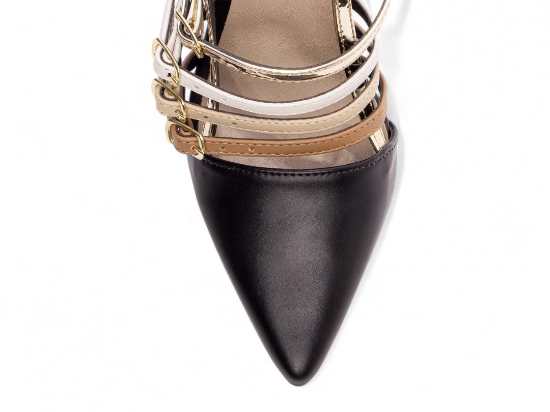 Scarpin Napa Preto Caramelo Metalizado com Fivelas Ouro Light - #carminito#